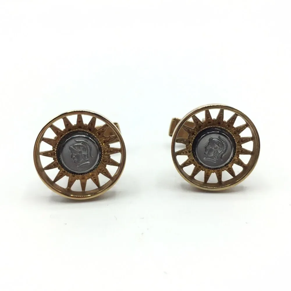Vtg Gray Roman Soldier Cameo Profile Gold Tone Cufflinks Round Sun Burst 3/4